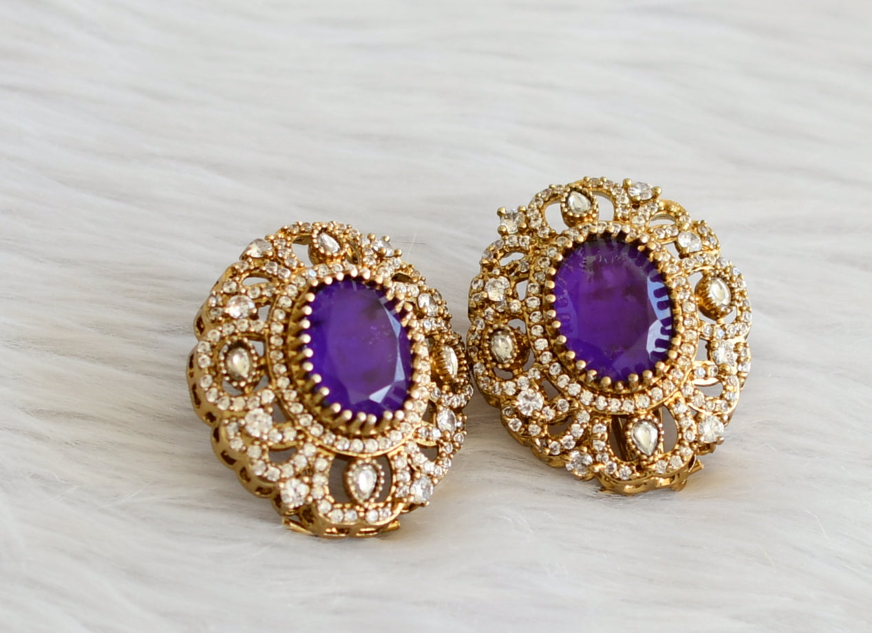 Antique gold tone cz purple-white big victorian stud/earrings dj-44310