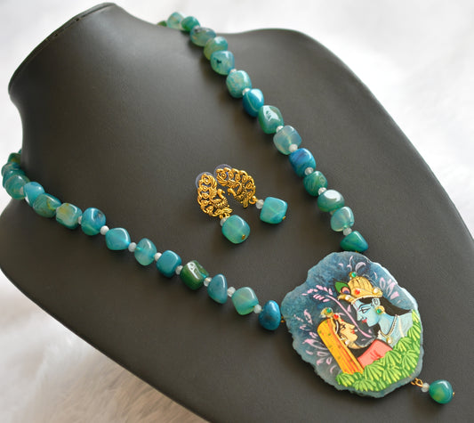 Hand painted radha-krishna sliced agate pendant with blue-green onyx beaded necklace set dj-46093