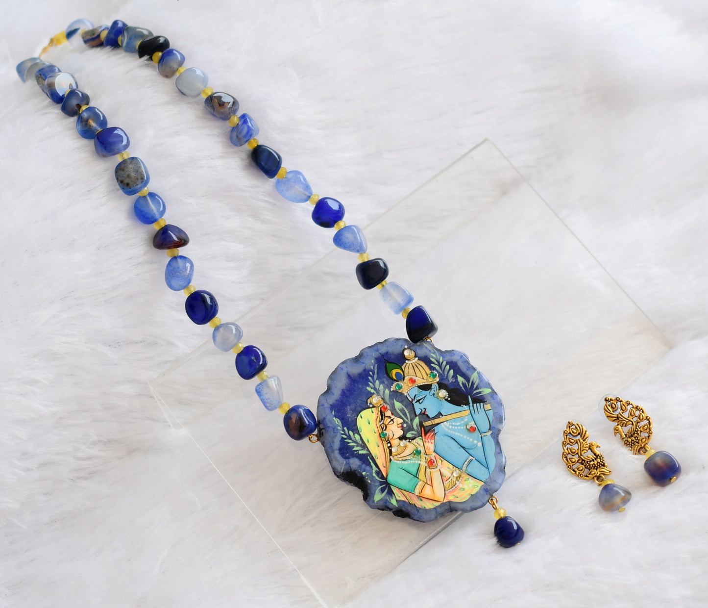 Hand painted radha-krishna sliced agate pendant with blue-yellow onyx beaded necklace set dj-46090