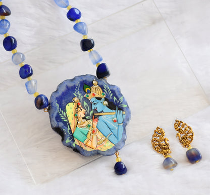 Hand painted radha-krishna sliced agate pendant with blue-yellow onyx beaded necklace set dj-46090