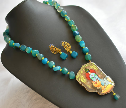 Hand painted radha-krishna sliced agate pendant with blue-green onyx beaded necklace set dj-46095