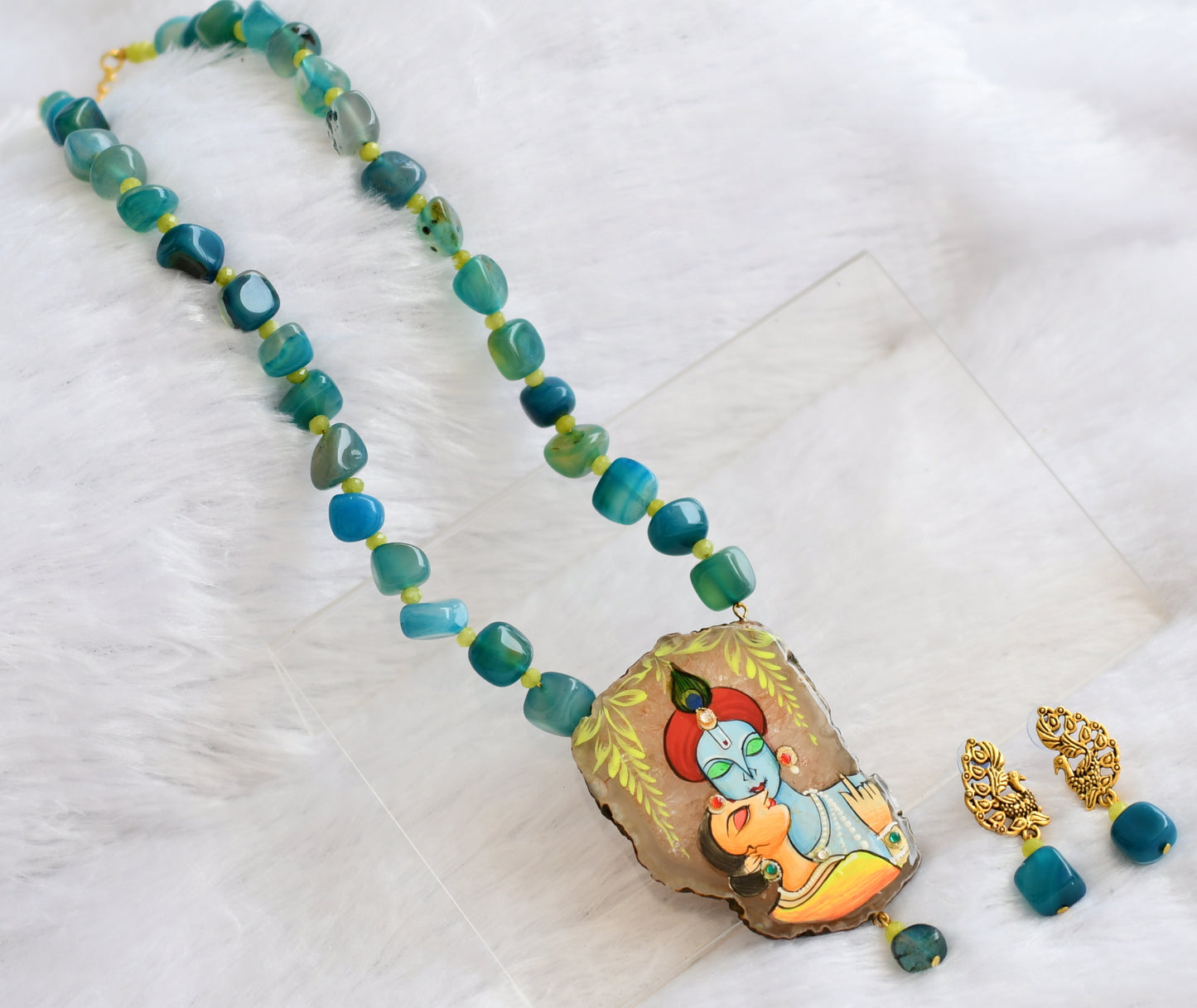 Hand painted radha-krishna sliced agate pendant with blue-green onyx beaded necklace set dj-46095