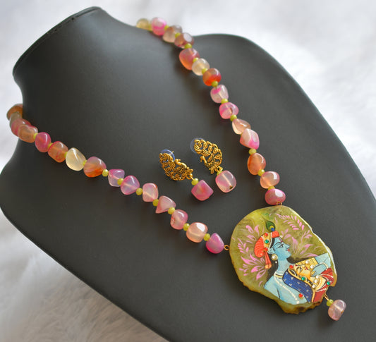 Hand painted radha-krishna sliced agate pendant with pink-yellow onyx beaded necklace set dj-46094