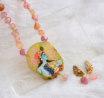 Hand painted radha-krishna sliced agate pendant with pink-yellow onyx beaded necklace set dj-46094