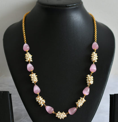 Gold tone baby pink thilak beaded pearl cluster mala/necklace dj-49516