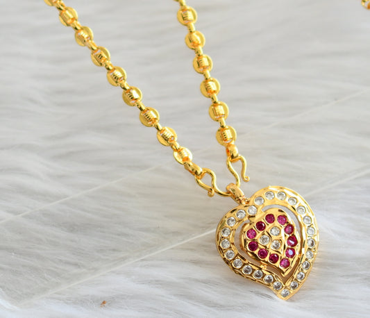 Gold tone 24 inches chain with ad pink-white stone heart pendant dj-44318