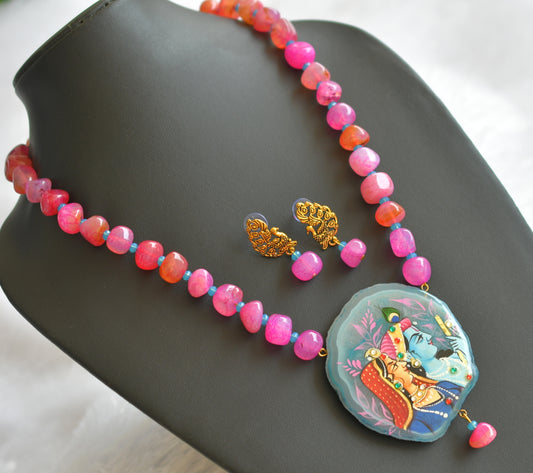 Hand painted radha-krishna sliced agate pendant with pink-blue onyx beaded necklace set dj-46092