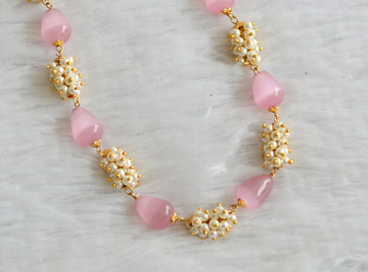 Gold tone baby pink thilak beaded pearl cluster mala/necklace dj-49516