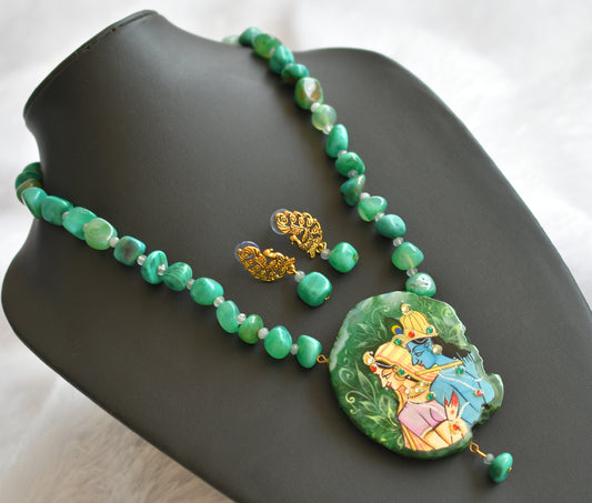 Hand painted radha-krishna sliced agate pendant with green onyx beaded necklace set dj-46089