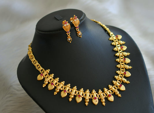 Gold tone pink stone heart kerala style necklace set dj-42840