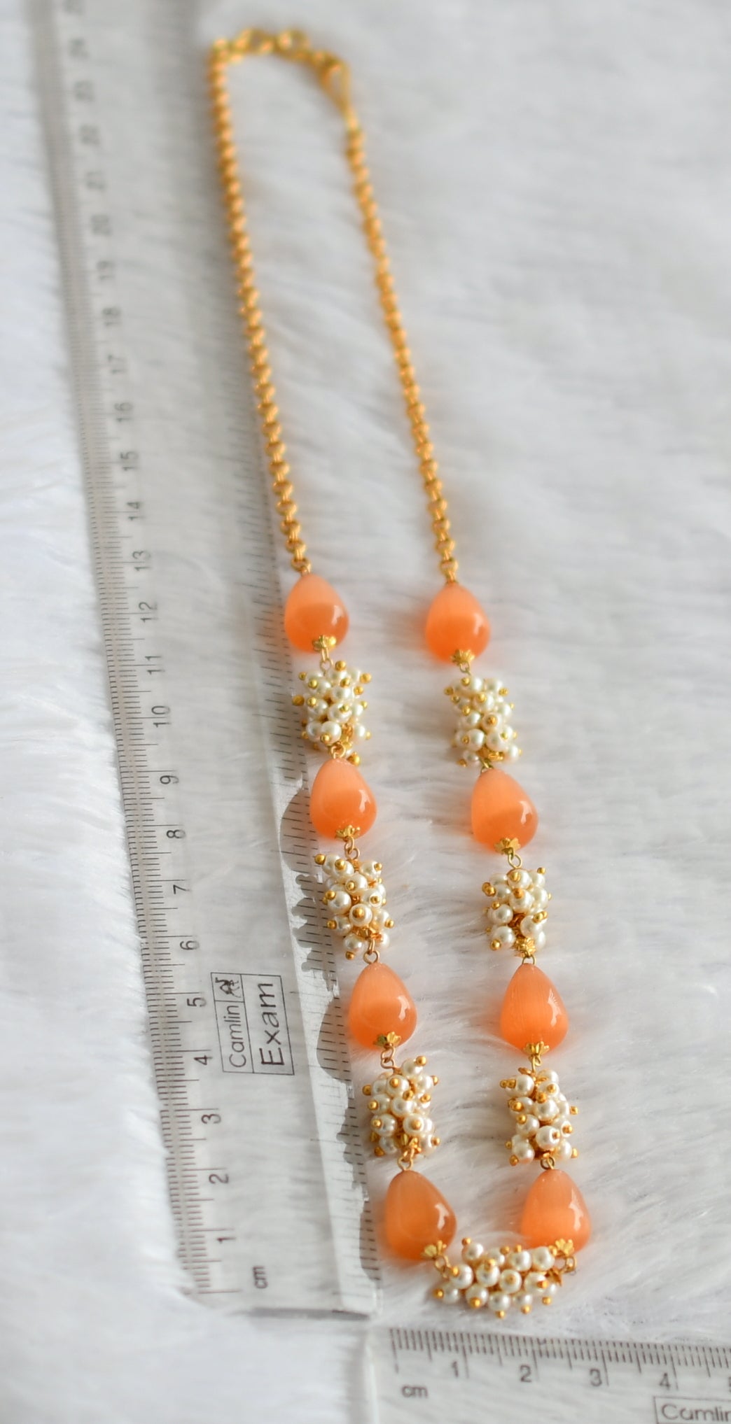 Gold tone orange thilak beaded pearl cluster mala/necklace dj-49518