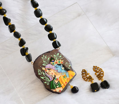 Hand painted radha-krishna sliced agate pendant with black onyx beaded necklace set dj-46088