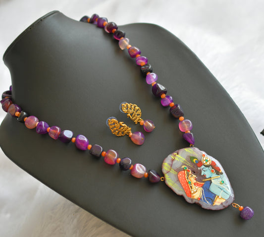 Hand painted radha -krishna sliced agate pendant with purple onyx beaded necklace set dj-46086