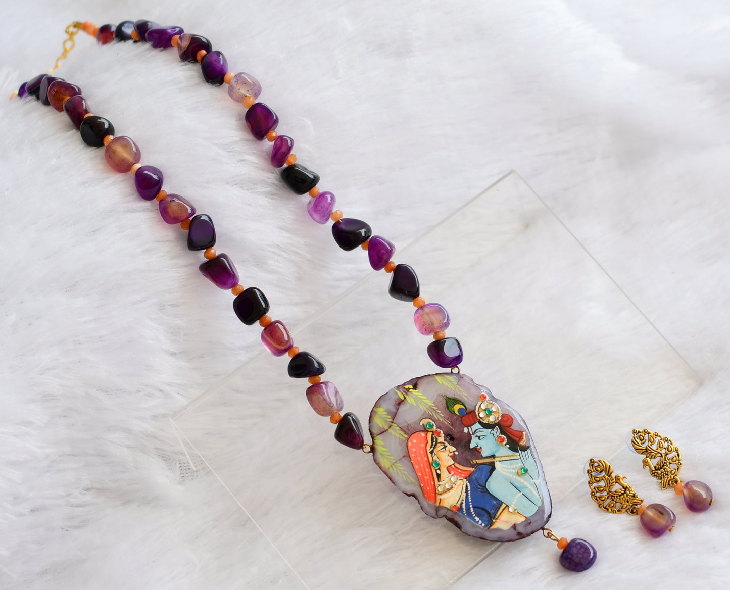 Hand painted radha -krishna sliced agate pendant with purple onyx beaded necklace set dj-46086