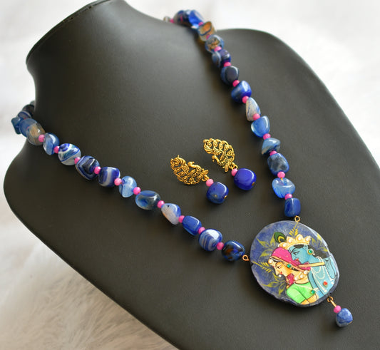 Hand painted radha-krishna sliced agate pendant with blue onyx beaded necklace set dj-46087