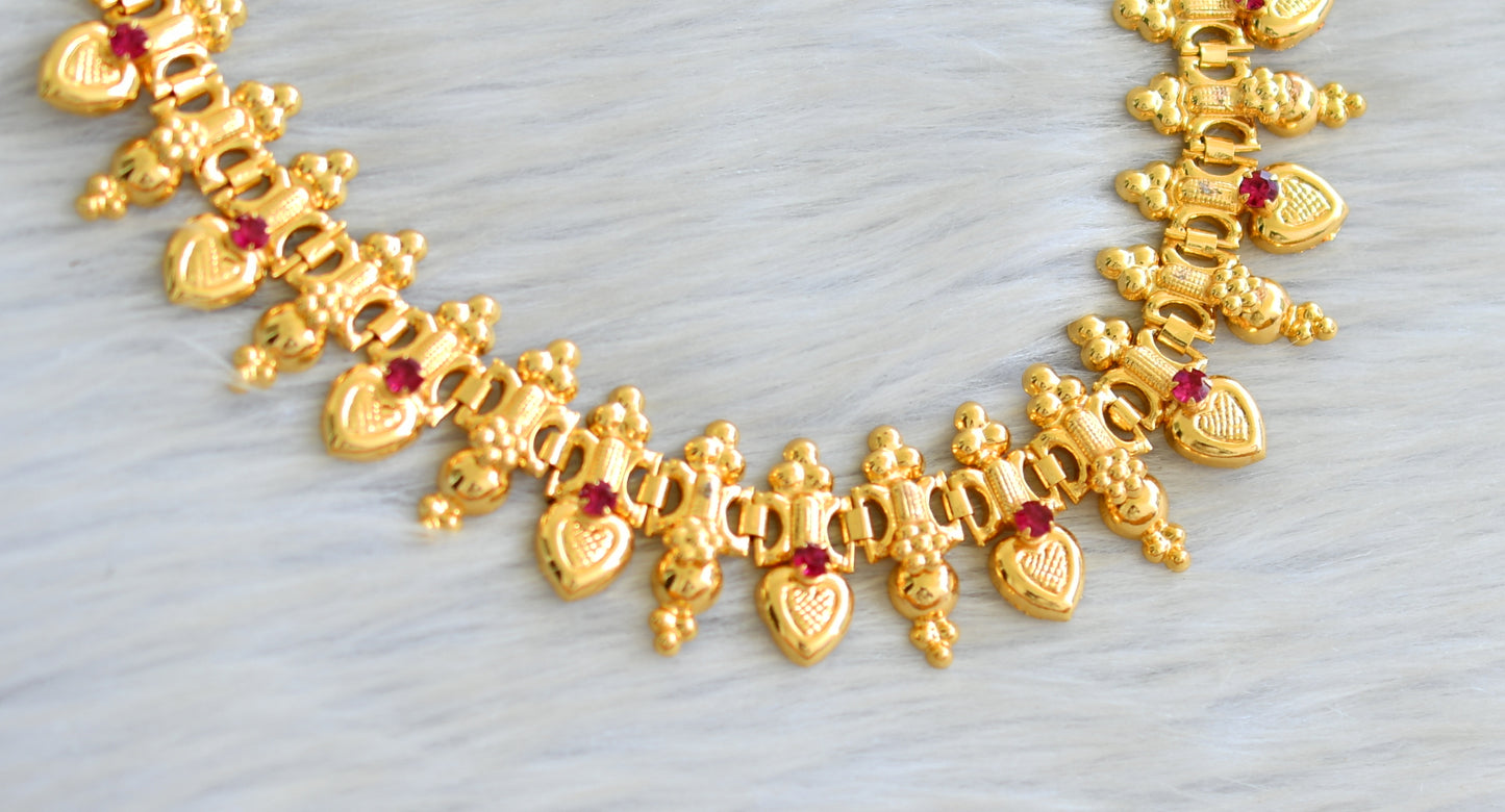 Gold tone pink stone heart kerala style necklace set dj-42842