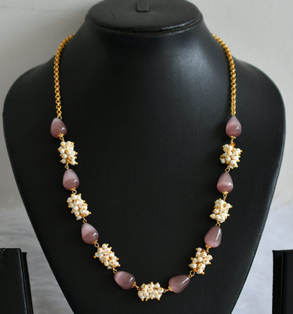 Gold tone mauve thilak beaded pearl cluster mala/necklace dj-49517