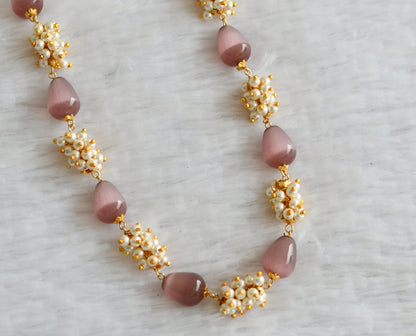 Gold tone mauve thilak beaded pearl cluster mala/necklace dj-49517