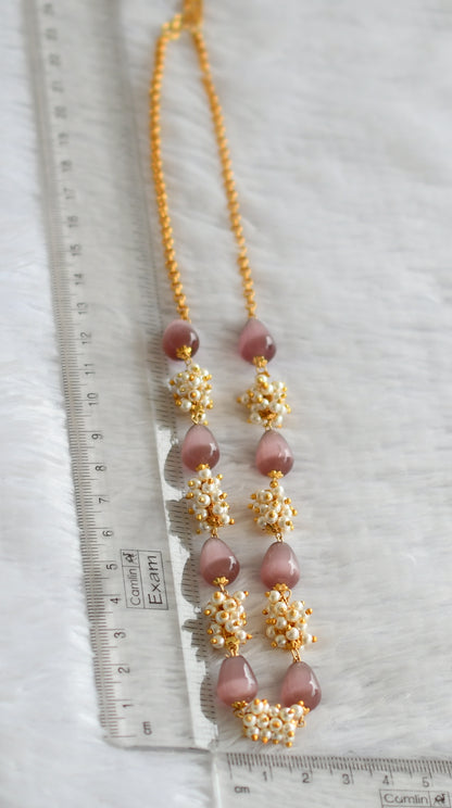 Gold tone mauve thilak beaded pearl cluster mala/necklace dj-49517