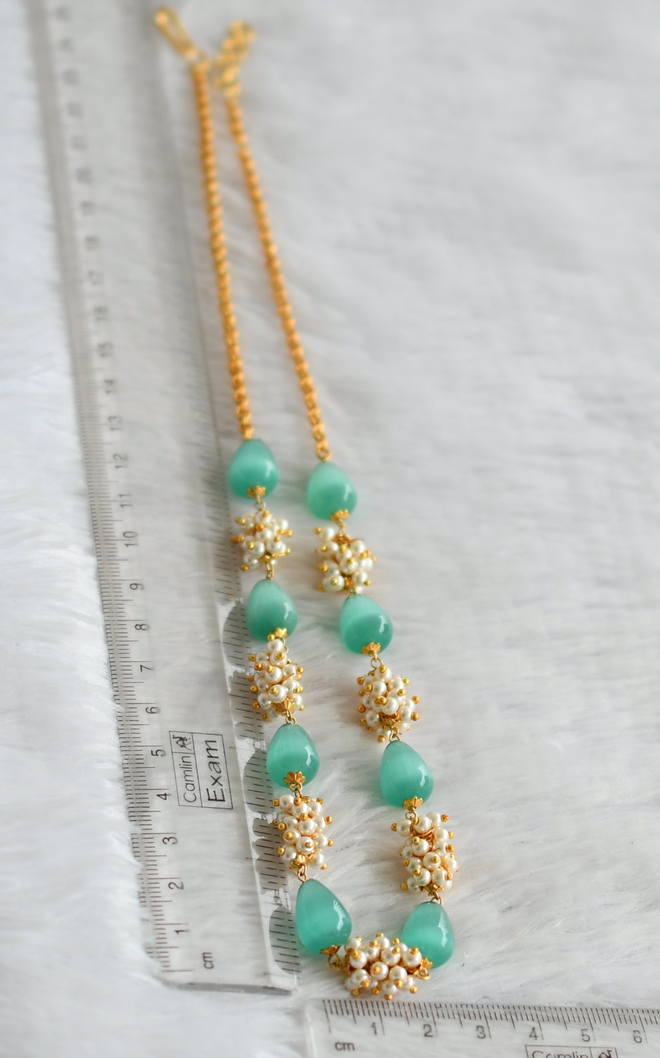 Gold tone sea green thilak beaded pearl cluster mala/necklace dj-49521