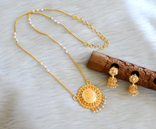 Gold tone pearl beads lakshmi pendant set dj-42839