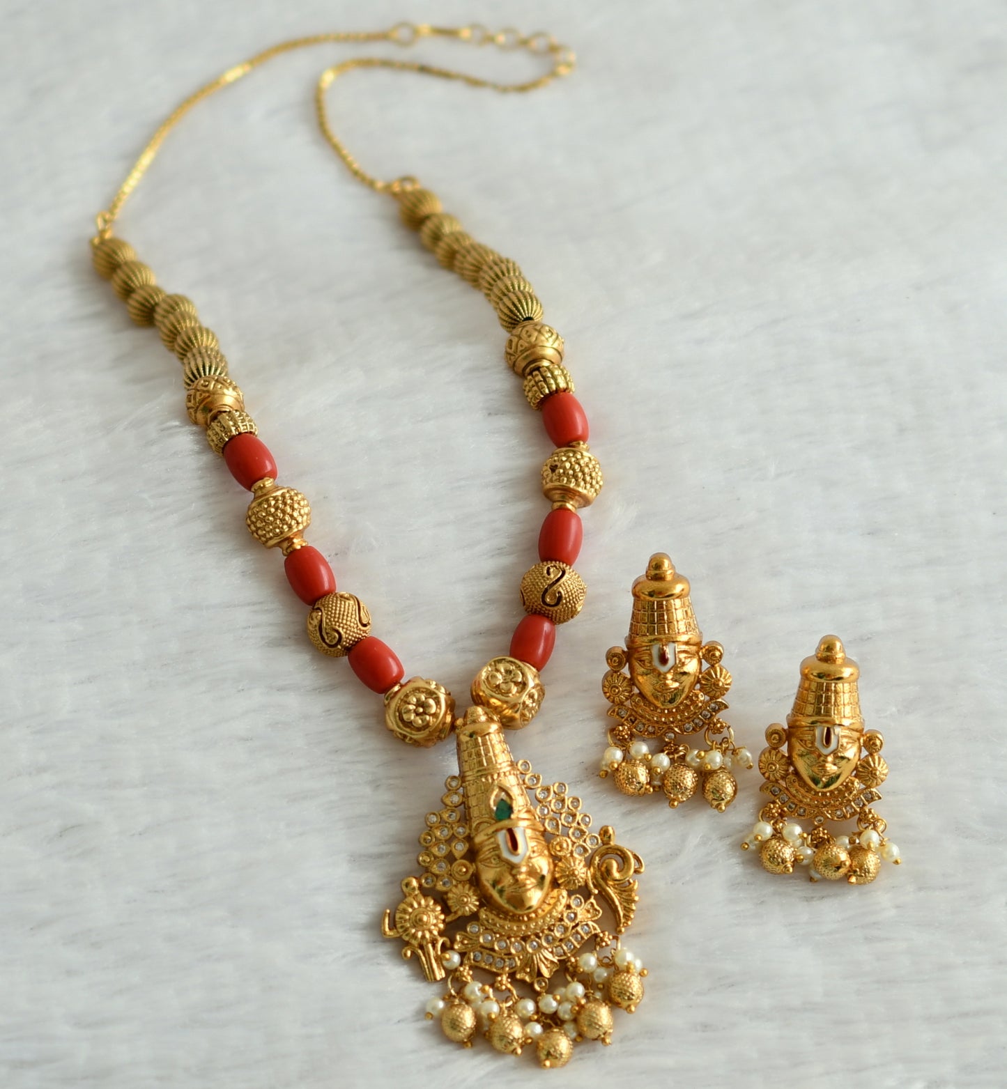 Matte finish cz-green coral beaded sri thirumal necklace set dj-49230