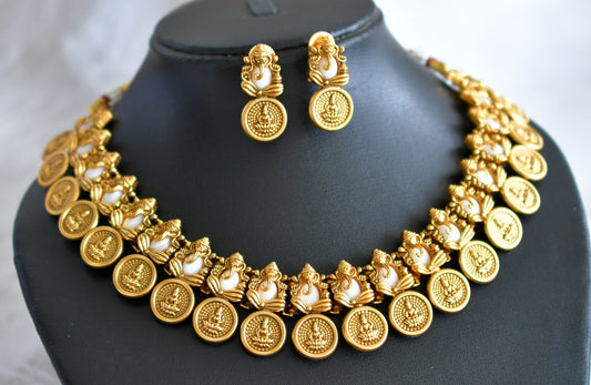 Matte finish pearl lakshmi coin ganesha necklace set dj-44327