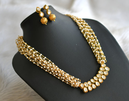 Gold tone white kundan pearl chain necklace set dj-42837