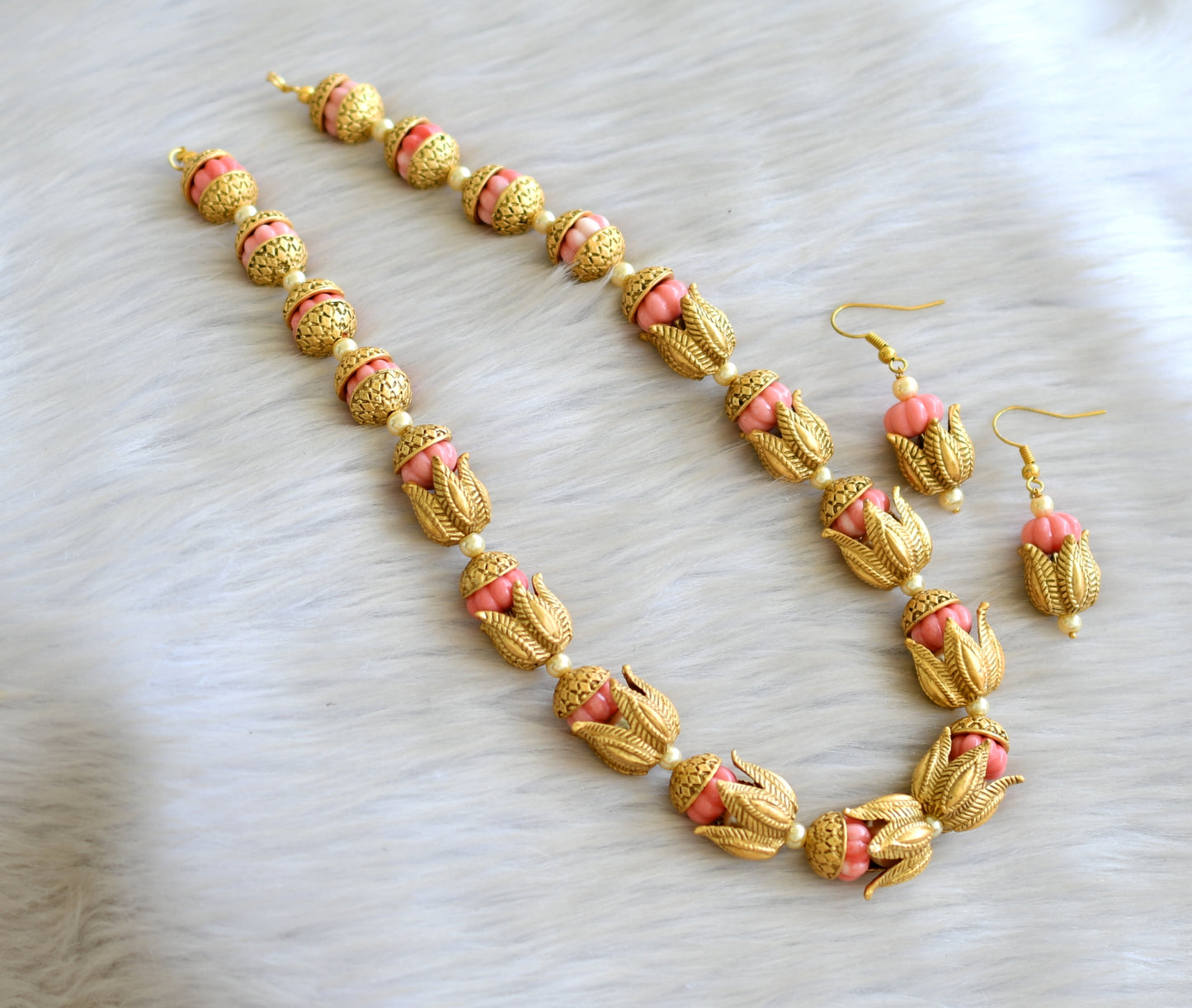 Matte finish pink pumpkin bead lotus necklace set dj-42835