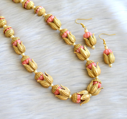 Matte finish pink pumpkin bead lotus necklace set dj-42835