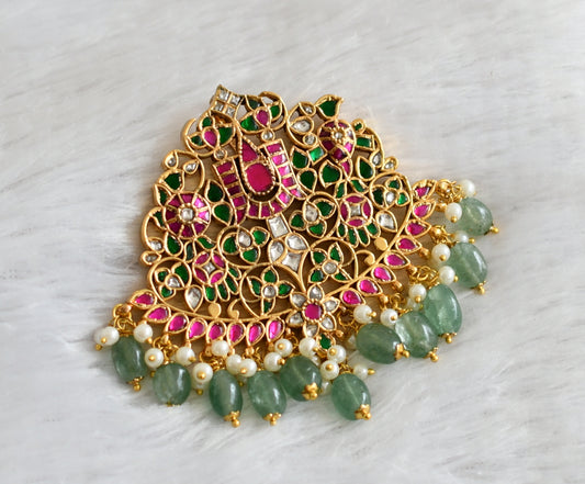 Gold tone pink-green-white green beaded kundan jadau shanku-nama-chakar pendant dj-47724