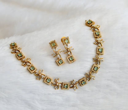 Matte finish cz white-sea green flower block stone necklace set dj-46126