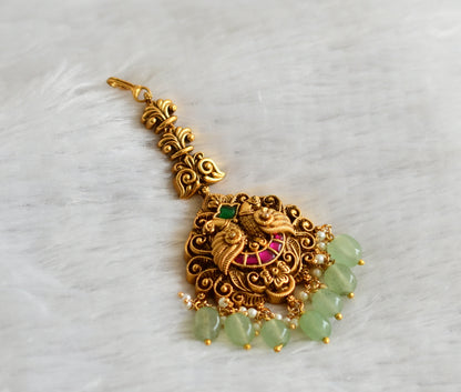 Antique gold tone pink-green kundan jadau green beaded nakshi peacock tikka dj-47732