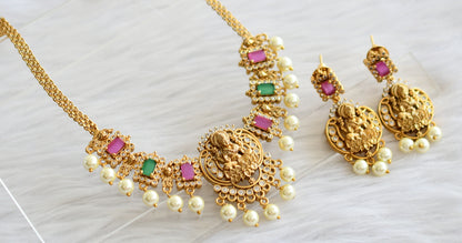 Matte finish cz ruby-green-white pearl lakshmi necklace set dj-44339