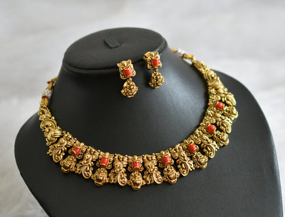 Antique gold tone coral stone peacock flower nakshi necklace set dj-47740