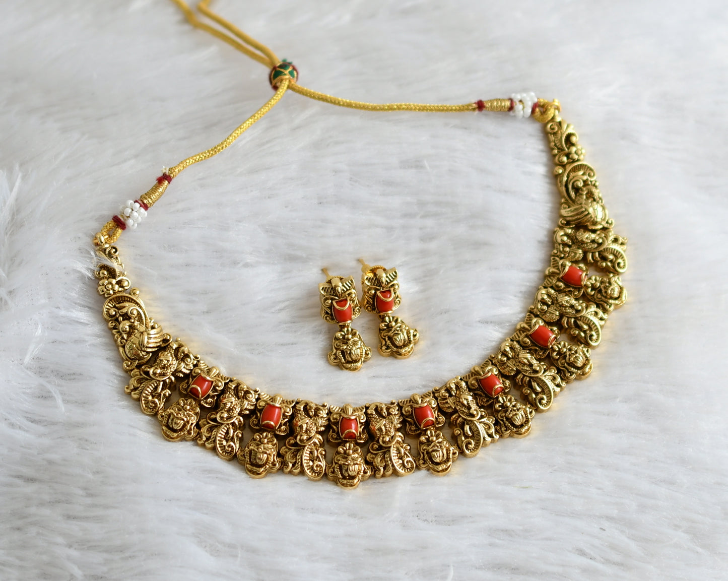 Antique gold tone coral stone peacock flower nakshi necklace set dj-47740