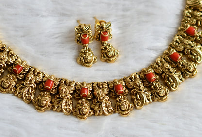 Antique gold tone coral stone peacock flower nakshi necklace set dj-47740