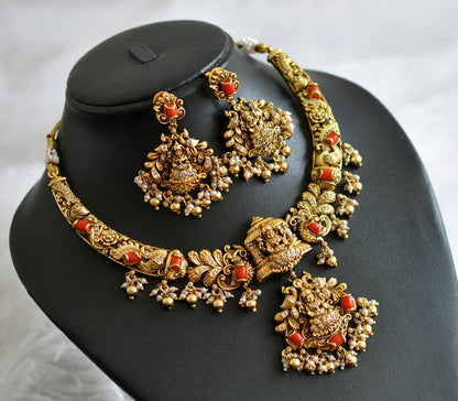 Antique gold tone cz white-coral stone lakshmi peacock nakshi necklace set dj-47739