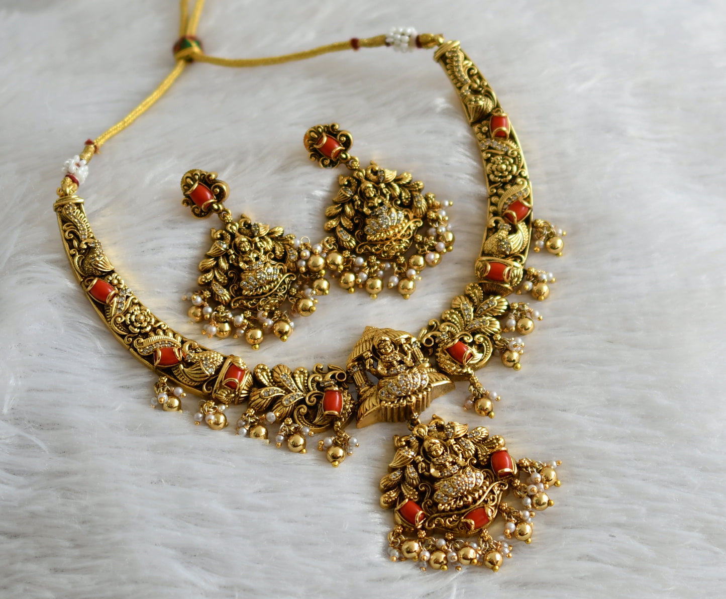 Antique gold tone cz white-coral stone lakshmi peacock nakshi necklace set dj-47739