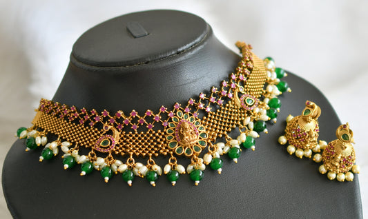 Matte finish ruby-green pearl-green beaded lakshmi-peacock choker necklace set dj-44344