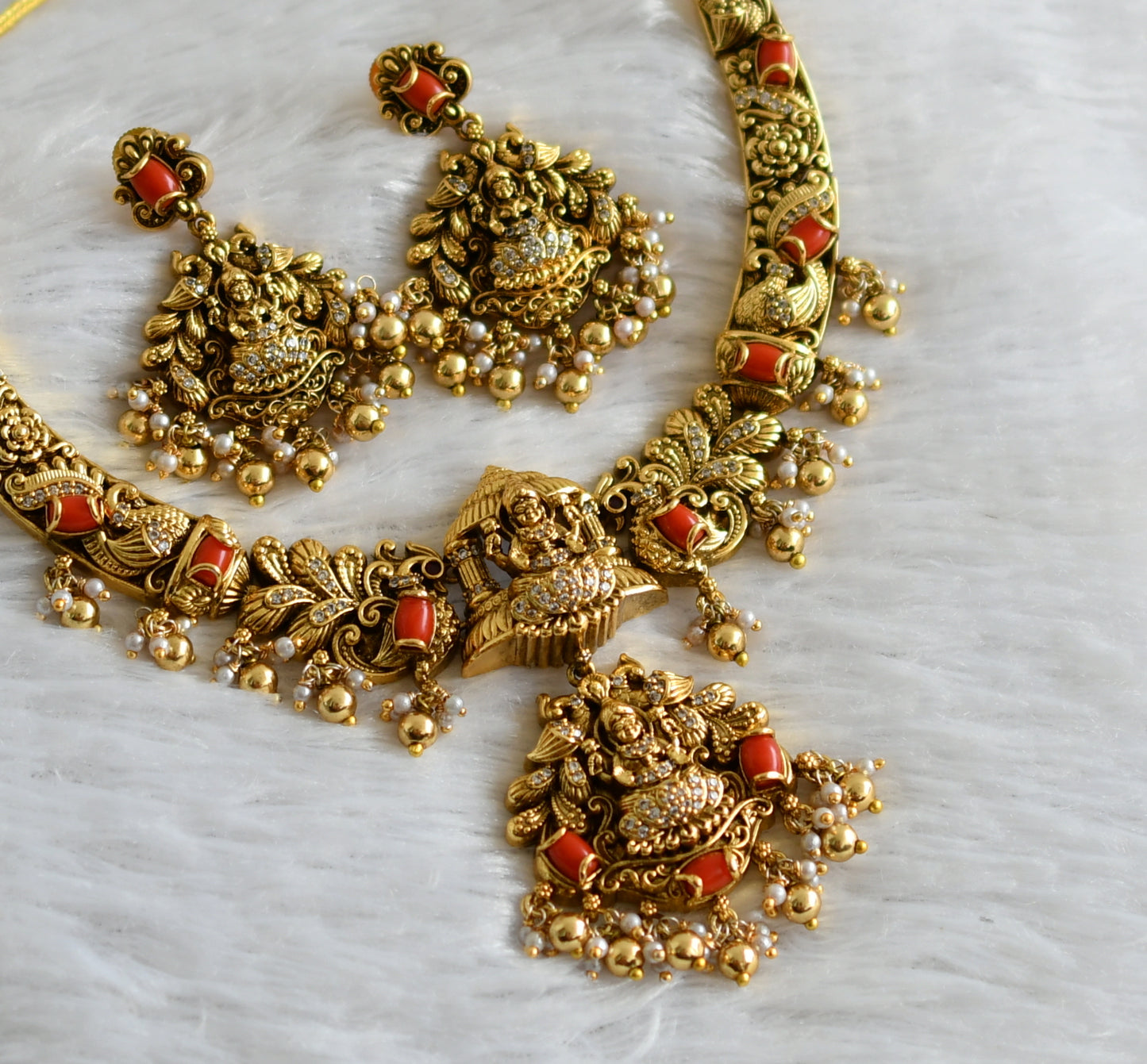 Antique gold tone cz white-coral stone lakshmi peacock nakshi necklace set dj-47739