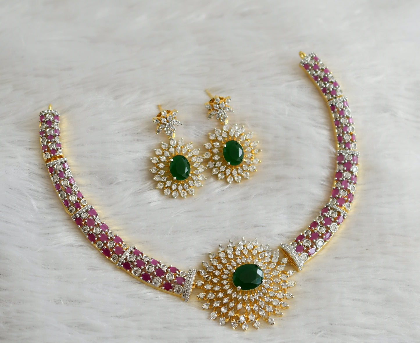 Two tone cz ruby-green flower necklace set dj-47745