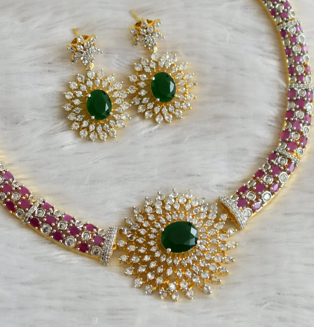 Two tone cz ruby-green flower necklace set dj-47745