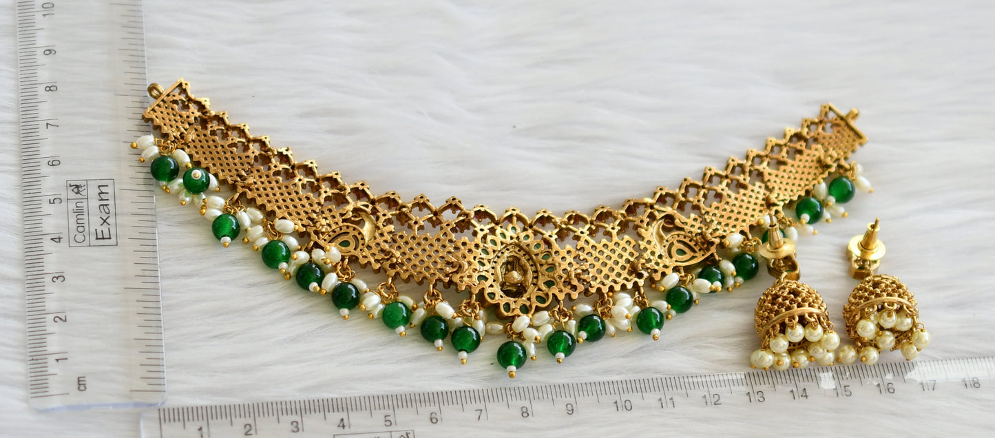 Matte finish ruby-green pearl-green beaded lakshmi-peacock choker necklace set dj-44344