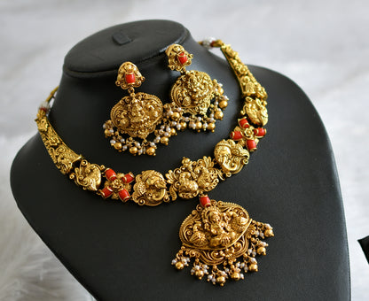 Antique gold tone coral lakshmi peacock elephant nakshi necklace set dj-47738