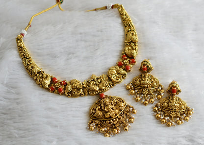 Antique gold tone coral lakshmi peacock elephant nakshi necklace set dj-47738