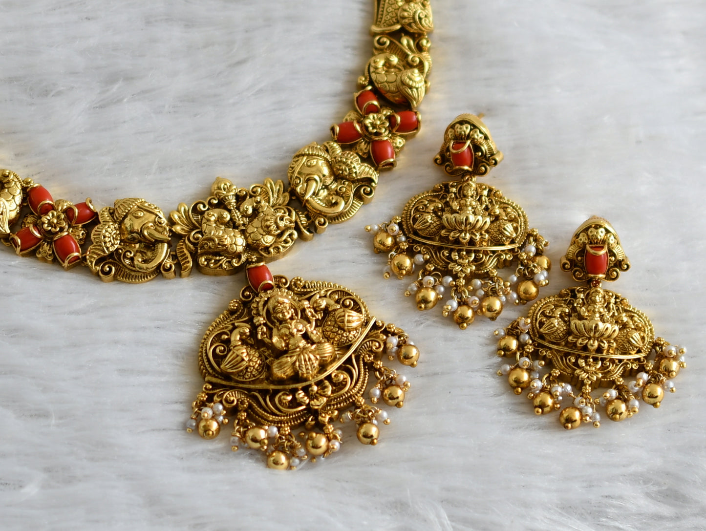 Antique gold tone coral lakshmi peacock elephant nakshi necklace set dj-47738