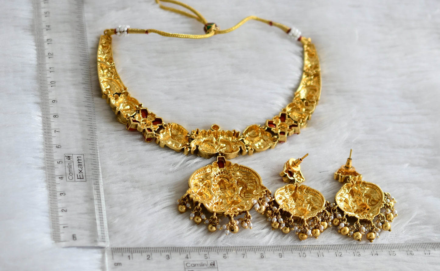 Antique gold tone coral lakshmi peacock elephant nakshi necklace set dj-47738