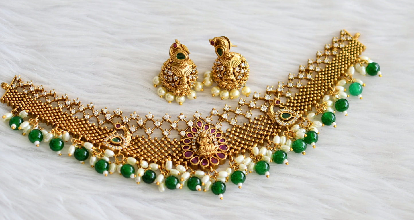 Matte finish kemp-green-white green beaded lakshmi peacock choker necklace set dj-44343