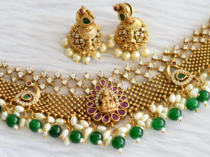 Matte finish kemp-green-white green beaded lakshmi peacock choker necklace set dj-44343